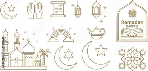 Ramadan Kareem Islamic line icon set with mosque lantern crescent moon prayer hands Quran and geometric ornaments