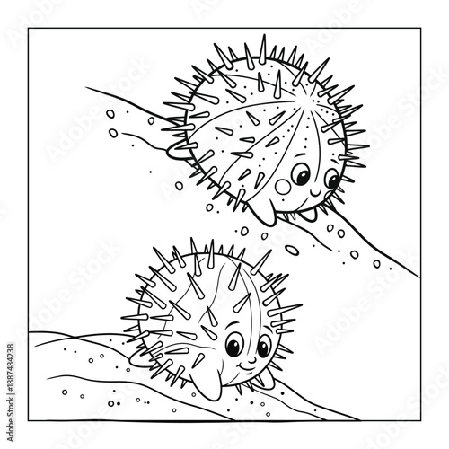 Cute cartoon sea urchins with spikes and big eyes floating in the ocean. Black and white line art.