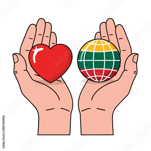 Cupped hands gently holding a bright red heart and a globe adorned with the Lithuanian flag colors symbolizing charity and international unity on white background