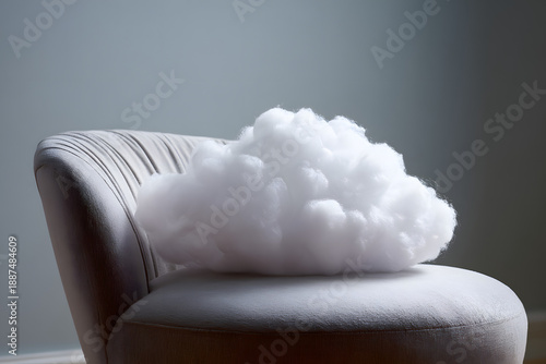 Soft white fluffy cloud resting on a modern grey velvet chair in a minimalist room, conceptual image for comfort, dreams, and relaxation.