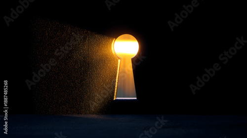Conceptual image of a keyhole with bright golden light streaming through it in a dark room, symbolizing opportunity, secret discovery, hope, and vision.