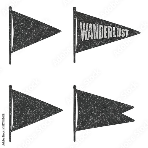 Retro monochrome hand-drawn pennant flags set with wanderlust labels isolated on white background