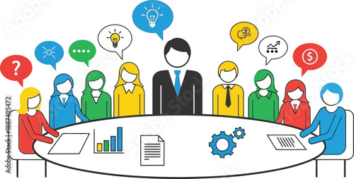 A group of diverse people standing around a table with symbols isolated on transparent background