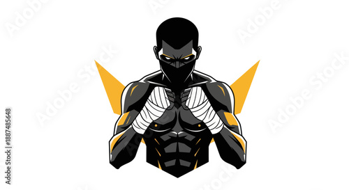 Athlete in fighting stance with determined expression on white background