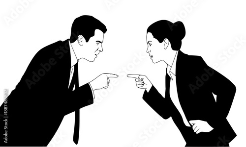 Business conflict and workplace argument, angry businessman and woman pointing fingers in disagreement, professional dispute and corporate stress silhouette, aggressive communication vector