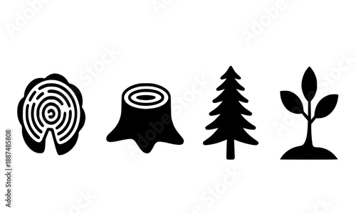 Forestry and wood industry icon set, tree rings cross section, stump, pine tree, and plant sprout silhouettes, timber production and environmental conservation vector illustration on white
