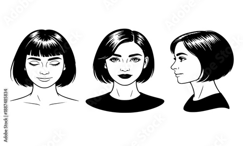 Set of beautiful woman portraits with short bob hairstyle, female head silhouettes from front and side profiles, modern hair salon and beauty concept vector illustration on white background