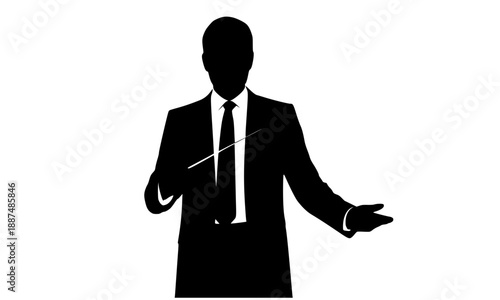 Professional music conductor silhouette holding baton, male orchestra leader or choir director in suit, classical music performance and musical leadership vector illustration on white background