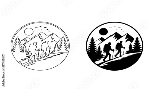 Hiking and mountain adventure emblem set, silhouettes of backpackers trekking through pine forest under the sun, outdoor recreation and nature exploration circular vector illustration on white