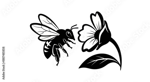 Bee approaching flower illustration black and white vector design for print