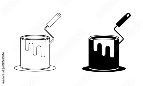 Paint bucket and paint roller icon set, outline and black silhouette of dripping paint can, home renovation and interior design tools, house painting and decorator service vector illustration on white
