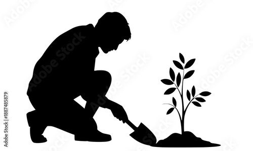 Man planting a tree sapling with shovel, environmental conservation and reforestation silhouette, gardener working in soil, ecology and sustainability growth concept vector illustration