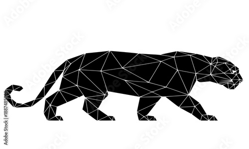 Geometric low poly black panther walking, abstract predatory cat polygonal vector illustration, minimalist wild animal silhouette, modern panthera onca graphic design on white background