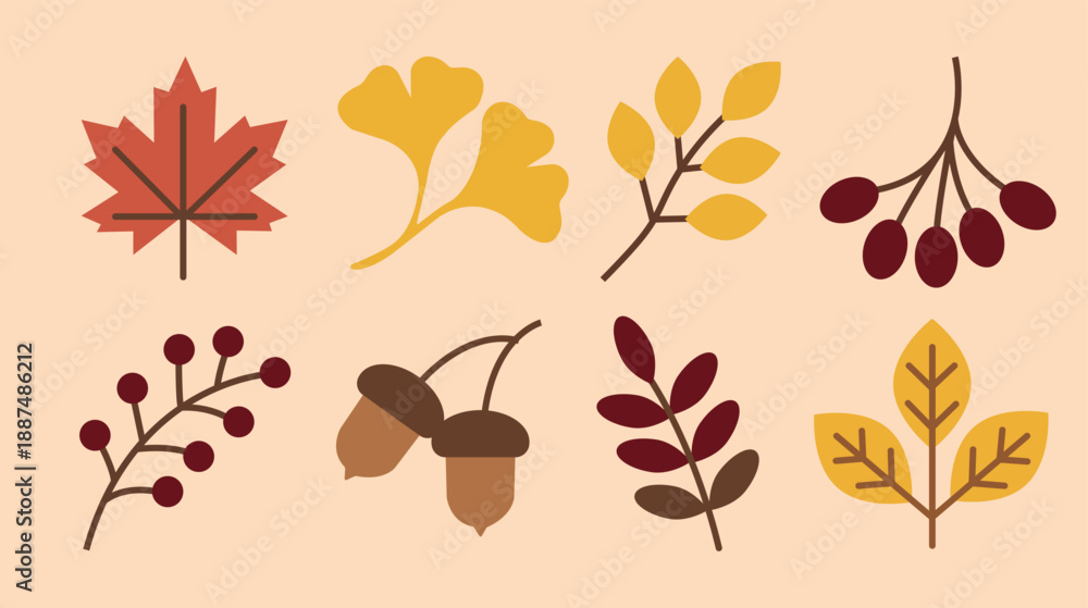 Fototapeta premium Flat vector autumn leaves and berries set featuring maple leaf and acorns,fall season foliage collection for thanksgiving decoration and pattern design