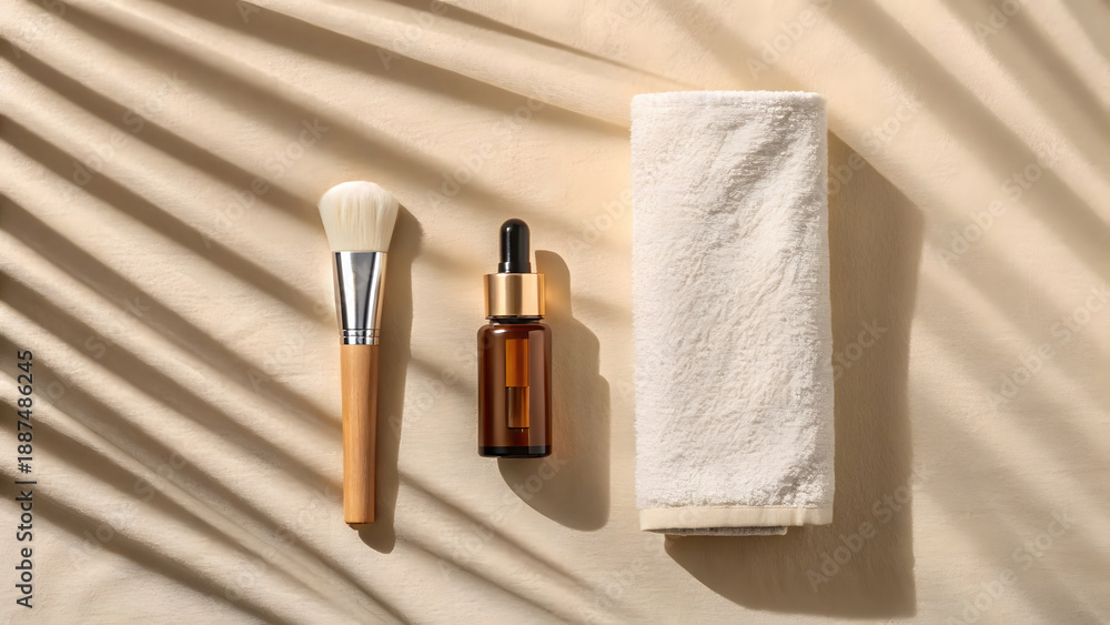 Naklejka premium Artistic overhead flat lay of cosmetic brush seru and towel on beige background dropper bottle white towel