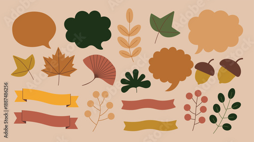 Flat vector autumn design elements set with fall leaves speech bubbles and ribbons,Seasonal thanksgiving sale banner kit collection with foliage