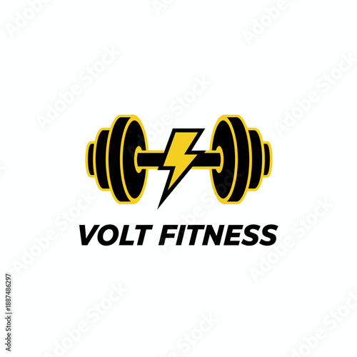 Strong barbell icon with thunderbolt lightning bolt for gym center or bodybuilding fitness club brand identity Volt Fitness