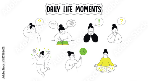 Hand drawn daily life moments set of woman character in various poses and emotions,line art vector illustration of girl studying meditating and thinking