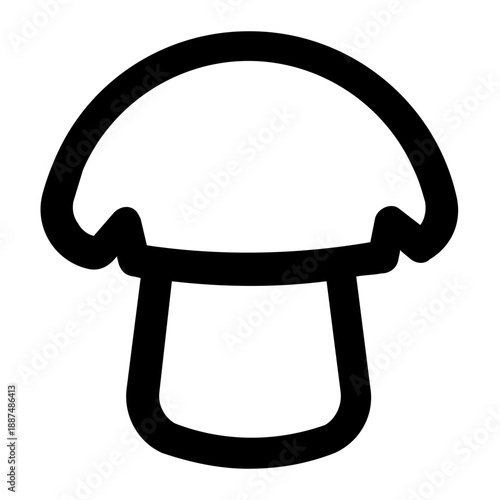 Mushroom icon isolated on white background. Simple black line art illustration of a classic toadstool or champignon mushroom with cap and stem, symbolizing nature, food, fungi, foraging.