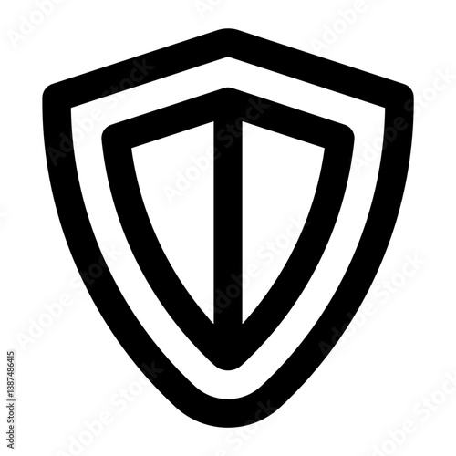 Minimalist black shield icon with bold central stripe, symbolizing protection, security, defense, safety, and trust in a clean, sharp line art style.