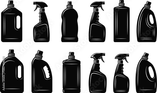 Black plastic cleaning bottles silhouettes set, household detergent containers, spray bottles icons, minimalist packaging shapes isolated on white background vector