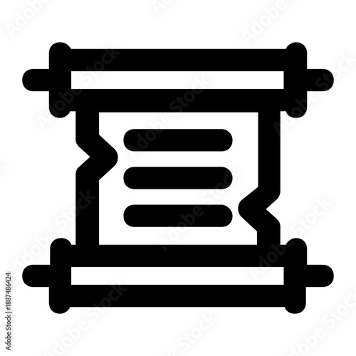 Ancient scroll or papyrus icon with wooden handles isolated on white background. Classic rolled parchment symbol representing history, manuscript, old document, wisdom, treasure map, or diploma.