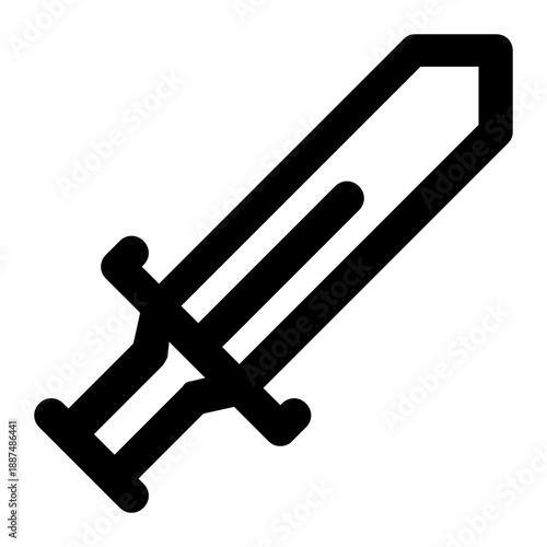 Minimalist black and white line art icon of a sword. The illustration features a long, sharp blade and a hilt with a handguard, designed in a flat, abstract style.