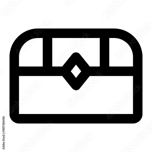 Simple black and white line icon of a treasure chest. The design features a rectangular box with a curved, domed lid and a central diamond-shaped lock clasp.