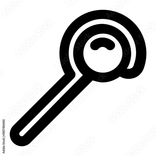 Minimalist black and white line icon of a magic wand. The design features a slender rod or stick with a decorative tip, symbolizing the concept of magic, tricks, and enchantment.