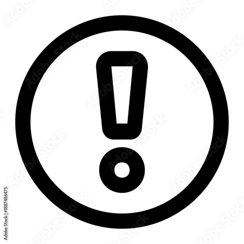 Minimalist black and white line icon of an exclamation mark inside a circle. The graphic features a bold, rounded border enclosing a vertical alert line and a dot beneath it.