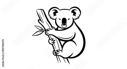 Black and white koala bear clinging to tree branch isolated artwork