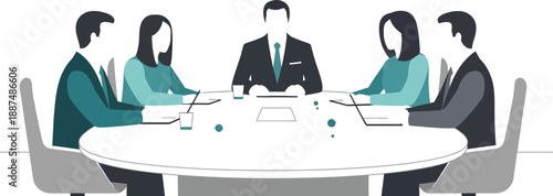 Business meeting with five people around a table isolated on transparent background