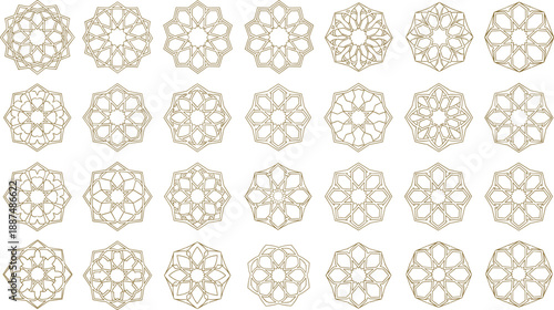 Islamic geometric ornament pattern set with traditional Arabic rosette motifs elegant symmetrical decorative line art designs