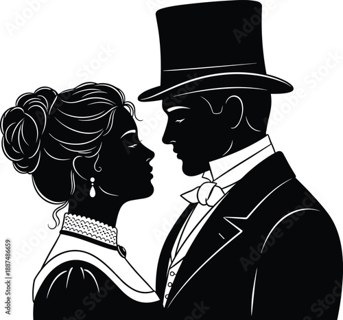 Elegant vintage couple silhouette facing each other, romantic Victorian era man and woman, classic love illustration, black and white vector