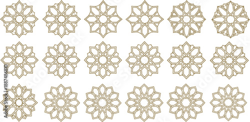 Islamic geometric rosette ornament set with elegant Arabic floral symmetry patterns in gold line art decorative style