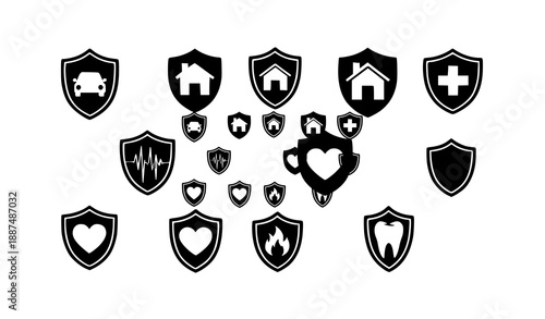 Minimal black shield icon set for insurance and security including car, home, medical, life, fire, and dental