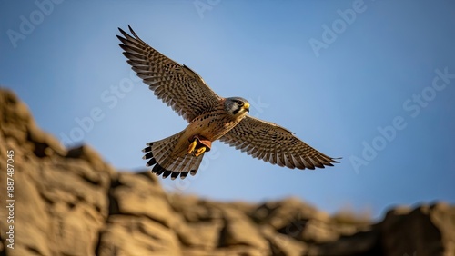Bird of prey soaring over rocky terrain