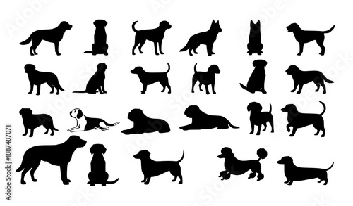 Large dog silhouette vector set in diverse poses including standing, sitting, lying, and running
