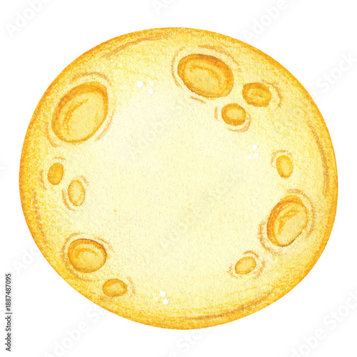 A round, full yellow moon. Hand-drawn watercolor illustration, cartoon. Design for scrapbooking, stickers, and cards. Night, astronomy, holiday, Mid-Autumn Day, Asia, full moon