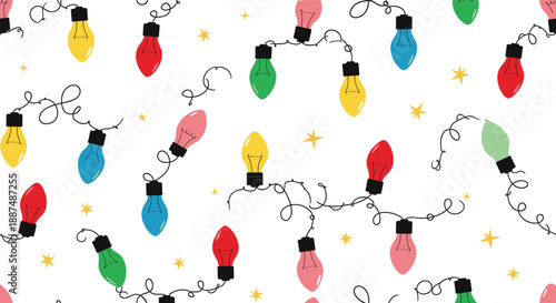 Colorful festive string lights seamless pattern with glowing bulbs stars and playful holiday decoration background illustration