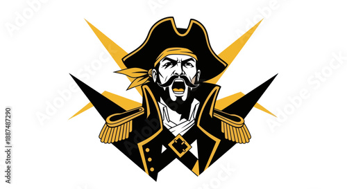 Bold pirate illustration with a stern expression and striking geometric shapes