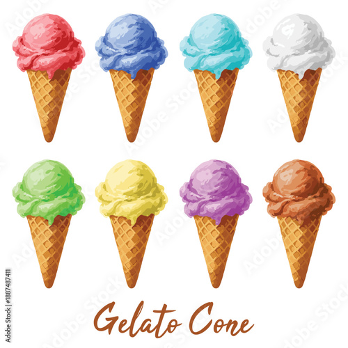 gelato cone in watercolor illustration style, isolated vector on transparent background