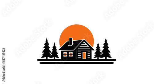 Cabin silhouette with sunset and trees ideal for nature and travel concepts