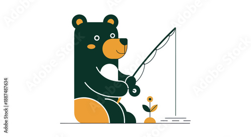 Cartoon bear fishing with rod and line against a simple white background