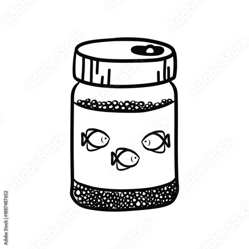 Aquarium Fish Food Pellets in Plastic Jar Line Art Illustration