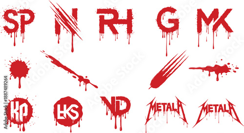 Red blood drip alphabet letters and metal music font set with splatter stains, horror slash marks, and bloody grunge typography.