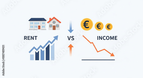 Cost of Renting in Europe – Rent Price Growth Compared to Household Income with Euro Currency Vector