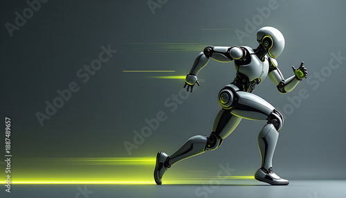 Futuristic humanoid robot running at high speed with motion blur and neon green accents