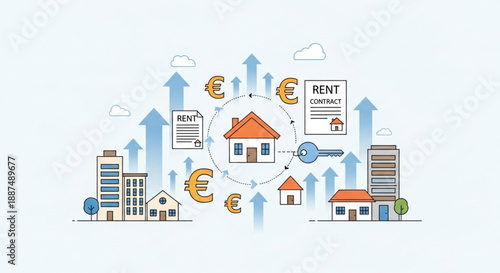 EU Housing Rent Inflation – Urban Residential Buildings, Rental Agreement and Rising Property Costs Vector