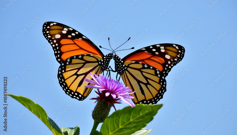 Obraz premium Two monarch butterflies on a purple flower against a clear blue sky